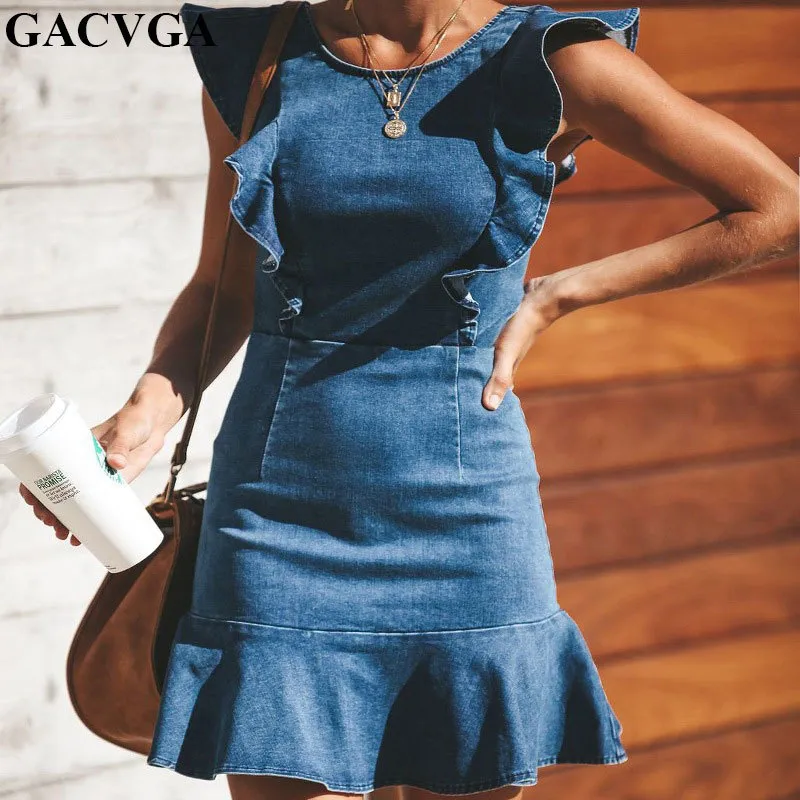 Gacvga Ruffles denim klänning hög midja vintage kvinnor sommar jeans bodycon klänning sexiga damer mini party klänningar vestidos x0521