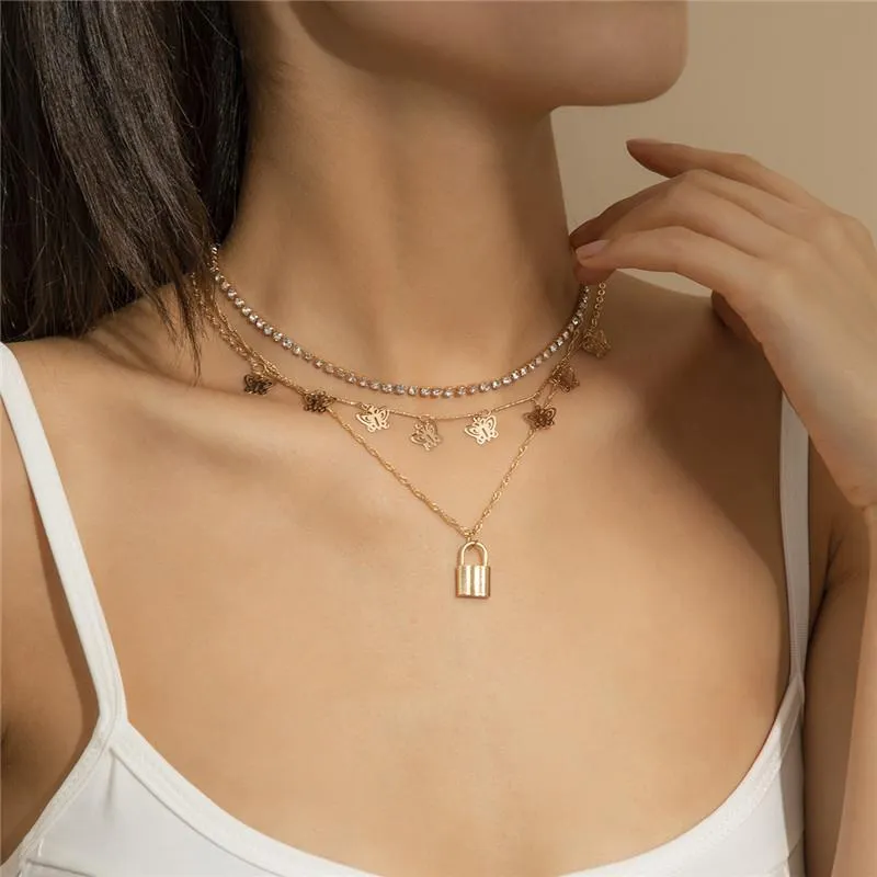 Women Multi Layer Lock Pendant Necklaces Row Tassel Butterfly Diamond Chains Animal Alloy Clavicle Twist Chain Jewelry Accessories