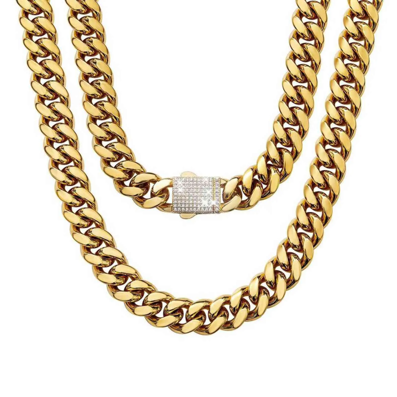 6/8/10/12 / 14mm Mode Goud Rvs Miami Cubaanse Curb Ketting Witte Rhinestone Sluiting Mannen Vrouwen Ketting Sieraden Gift 1 stks