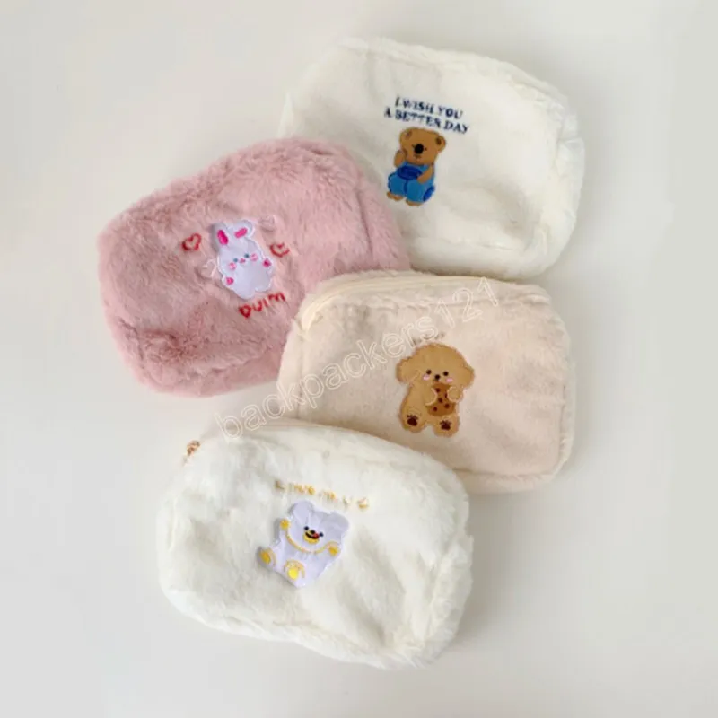 Ladies Plush Cosmetic Bag Cute Bear Portable Cases Toiletries Storage Bag Girl Large Capacity Embroidered Bags