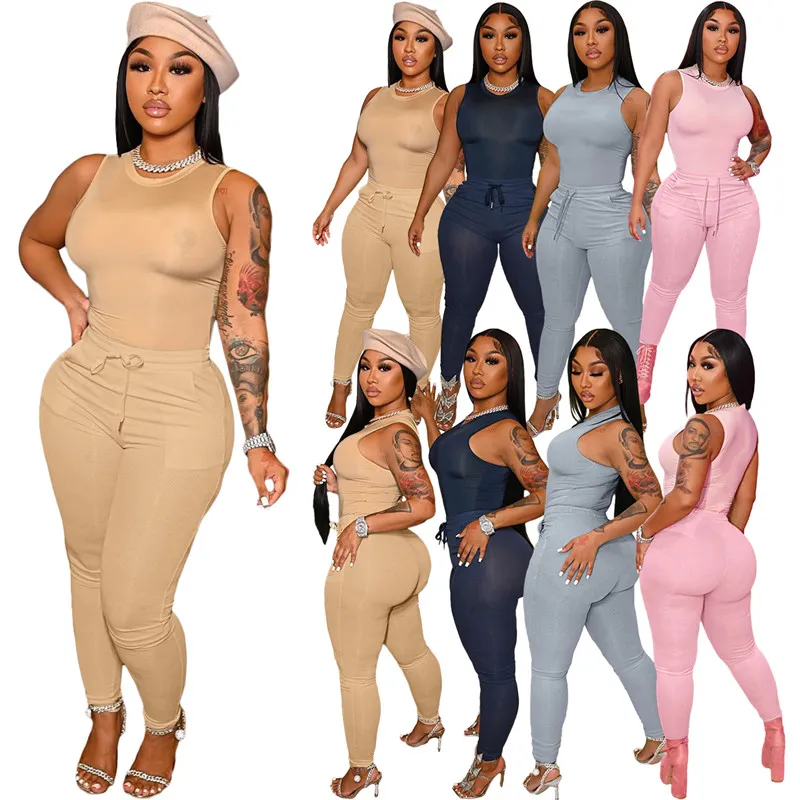 Vente en gros Survêtements d'été Deux pièces Ensembles Femmes Tenues Pull sans manches Gilet Leggings 2pcs 2XL Costumes de sport décontractés vêtements solides en vrac 6888