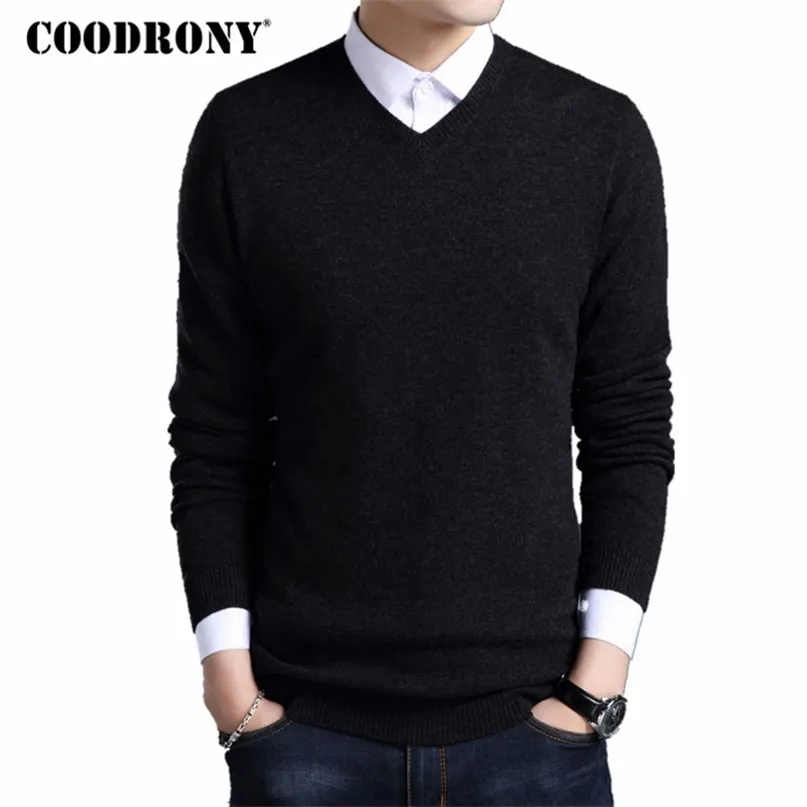 Coodrony Merino Ulltröja Män Höst Vinter Tjocka Varma Tröjor Och Pullovers Casual V-Neck Pure Wool Sweater Pull Homme 7305 211008