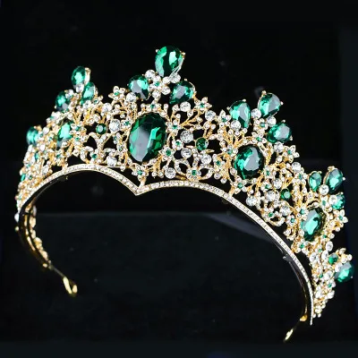 Diadème de mariée Headpiece 2022 Vintage Baroque Pageant Crown New Alloy Green Diamond Emerald Noble Crowns Elegant Headwear Quinceanera Quince Lady Hairstyle