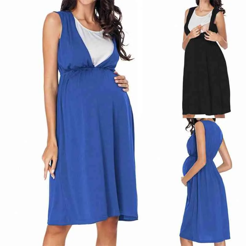 2 PCS 출산 여성 드레스 임신 드레스 엄마 의류 측면 루칭 스쿠프 넥 임신 한 여자 의류 G220309