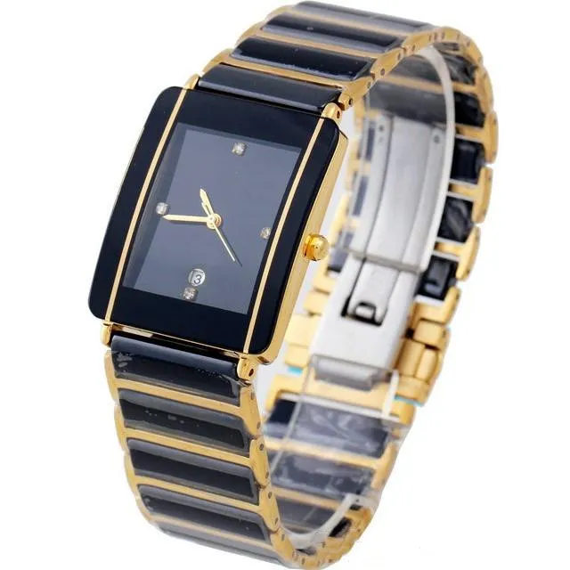 New fashion Japan Quartz Wristwatches Classic Rectangle Black Ceramic Stainless Steel Watches Fashion Men Womens Couple watch