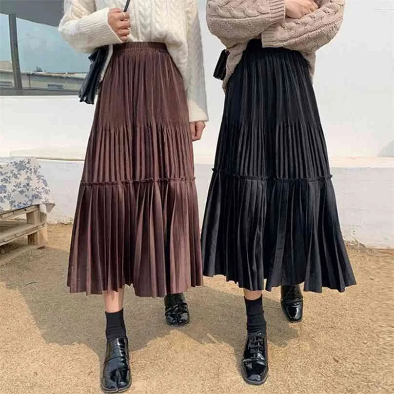 Weibliche Vintage Lange Samt Falten Rock Frauen Für Frühling Sommer Koreanische Mode Damen Hohe Taille Schwarz Grün Maxi Femme 210629