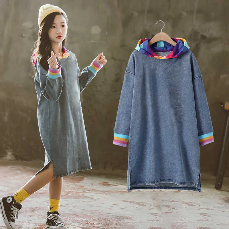 Nouveau mode enfants filles jean robe 2020 printemps à manches longues Denim t-shirt Dresees 10 12 ans enfants arc-en-ciel vêtements automne t-shirts Q0716