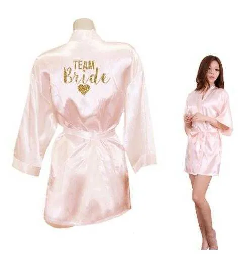 Kimono Robe Faux Silk Women Wedding Preparewear Bride Team Heart Golden Glitter Print Robes Bachelorette Pajamas Free 210924