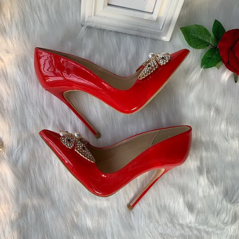 Fashion Women Shoes Sexy Lady Nude Red Patent Leather bee Crystal Strass Point Toe Bride Wedding Shoe High Heels 12cm 10cm 8cm Party