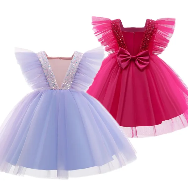 Butterfly Sleeves Princess Dress Formal Party Kids Dresses for Girls Wedding Evening Flower Girls Lace Tulle Ball Gown Size 3-8Y Q0716