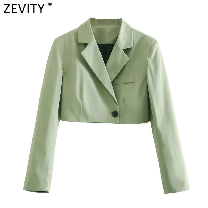 Zevity Women Vintage z długim rękawem Solidna krótka Slim Blazer Płaszcz Kobiet High Street One Button Odzież Odzież Odzież Zamknij Ct719 211019