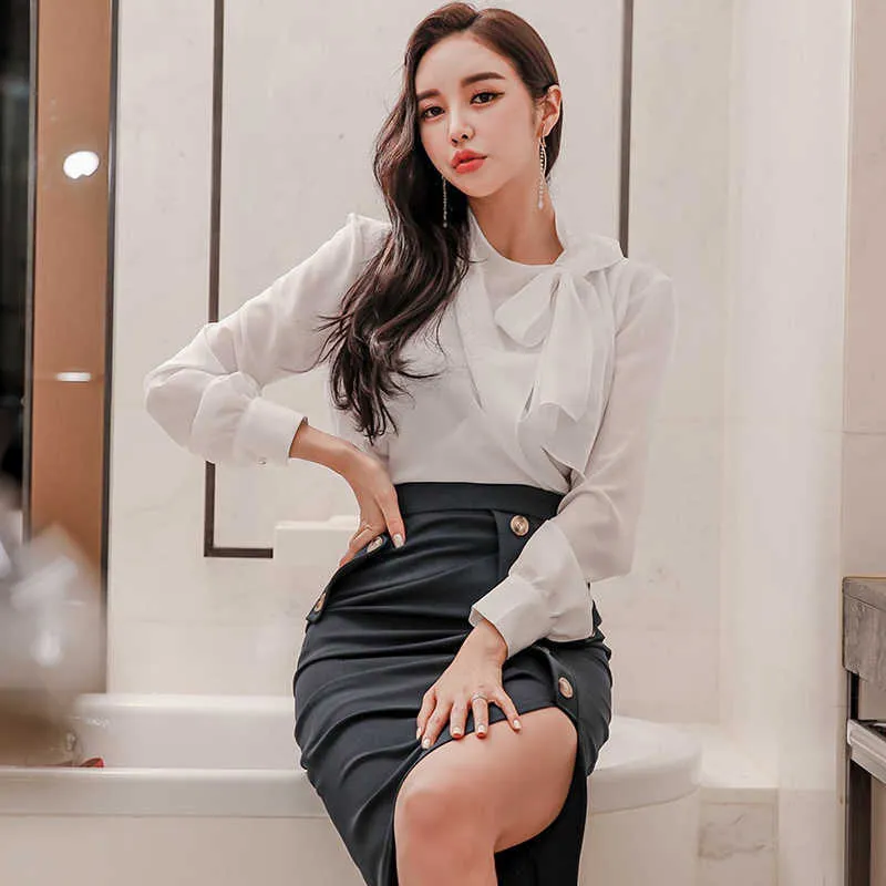 Suit de jupe de bureau elegant en 2 pieces pour femmes Jupe crayon drapee a lacets drapee