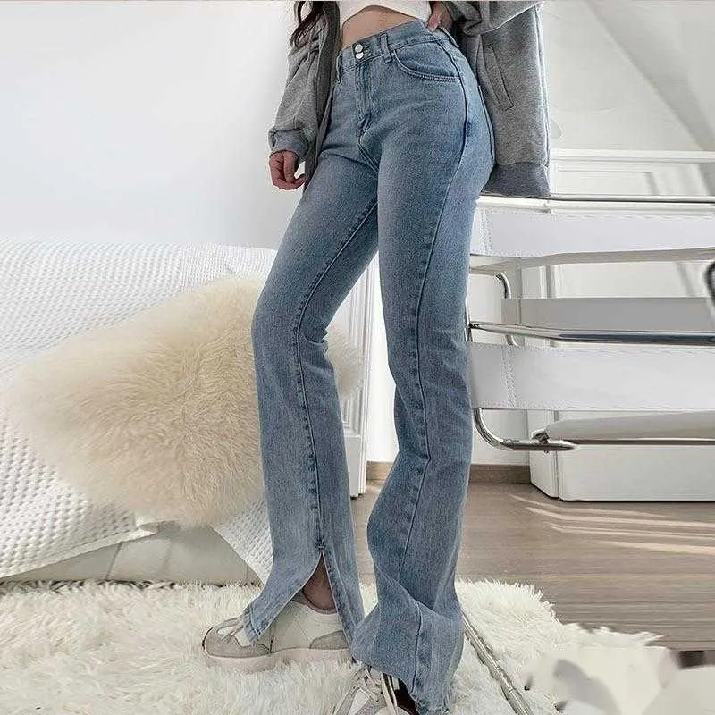 Womengaga blauwe enigszins uitlopende wijde been pant's lange hoge taille show dunne losse jeans broek Koreaanse sexy R8UV 210603