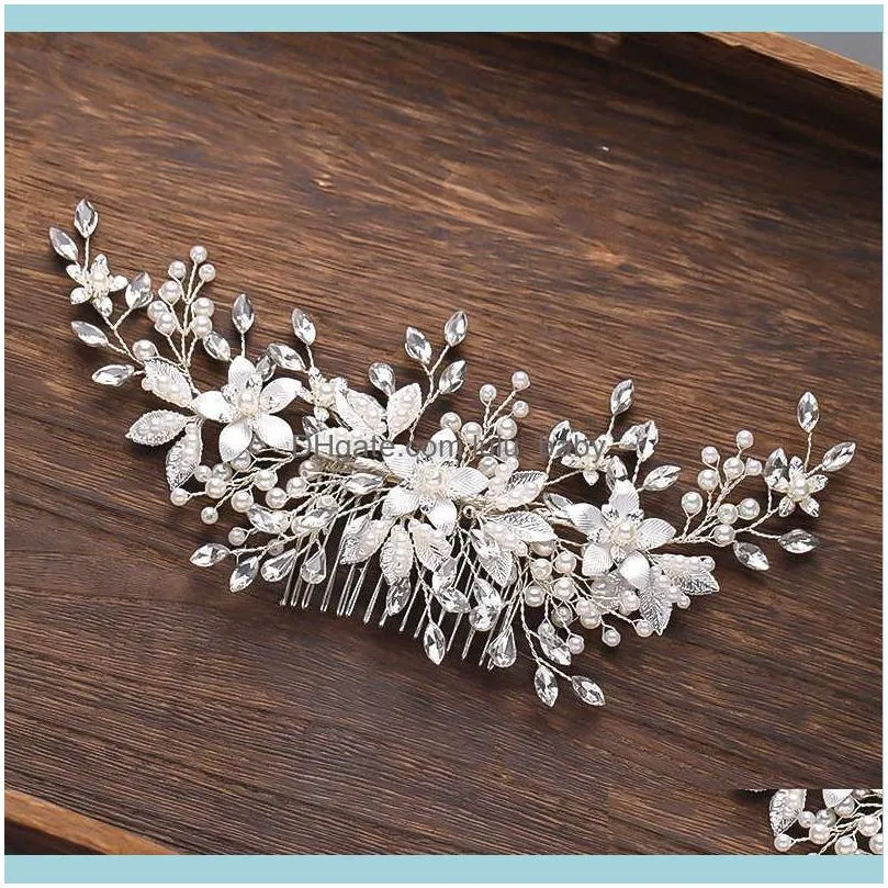 Silver Color Flower Pearl Rhinestone Comb Wedding Accessories For Women Bride Tiara Headband Hair Jewelry