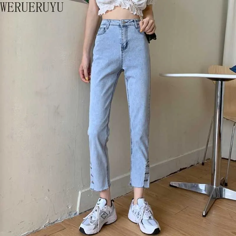 Werueruyu High-taille rechte jeans voor vrouwen Side Split Jeans 210608