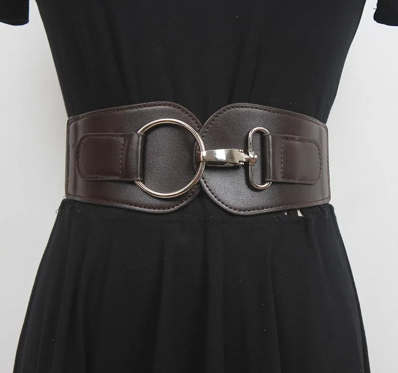 Cintos Cintura Larga Feminina Elástica Decoração Terno Vestido Cintura Fechamento Versátil Couro Genuíno Selo Preto