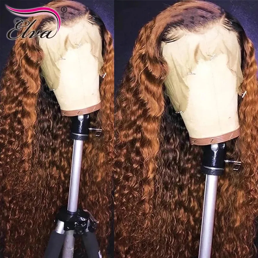 Long Kinky Curly Human Hair Wig Ombre Brown Color Synthetic Lace Front Wigs for African American Women
