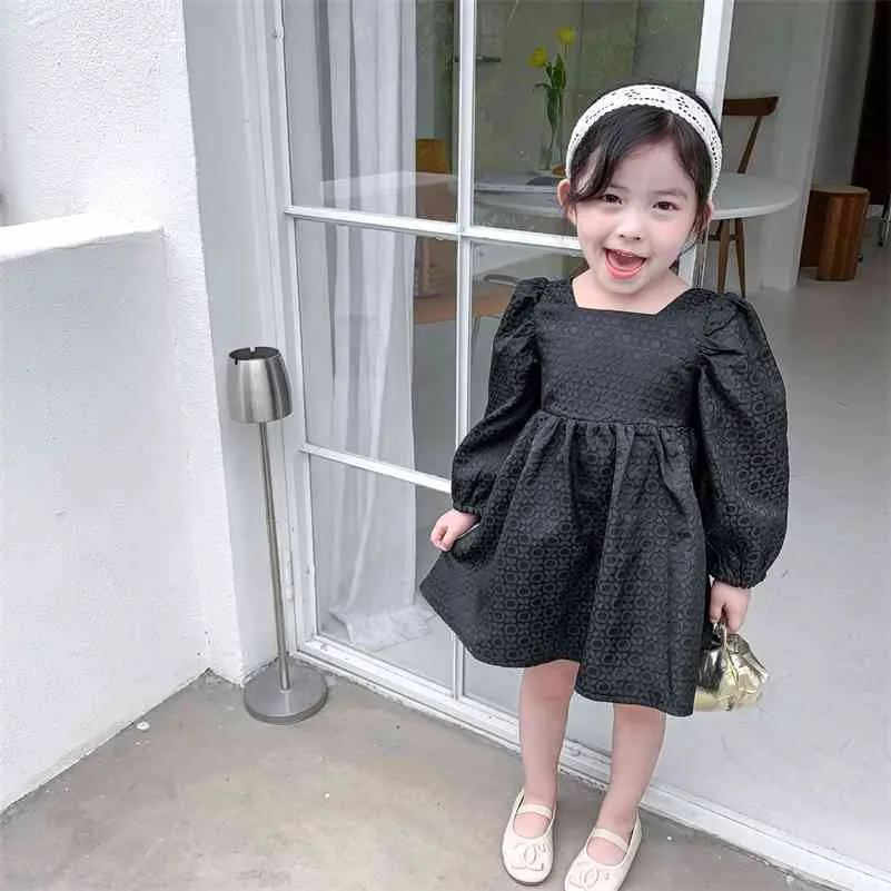 Höstflickor Mode Jacquard Party Dress Kids Långärmad Square Collar Black Princess Dresses 210708