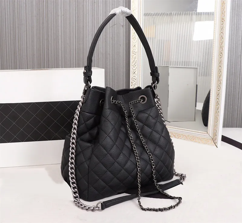 bucket tote hand bags designs crossbody women handbag cowhide leather shoulder bag fashion cluthc wallet With drawstring luxury purse silver chain wholesale