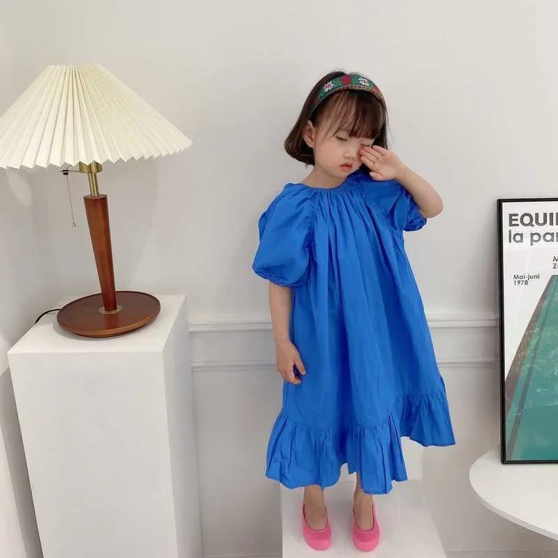 Meisjes losse ruches korte mouw jurk zomer kinderen Koreaanse stijl dunne prinses jurken 210615