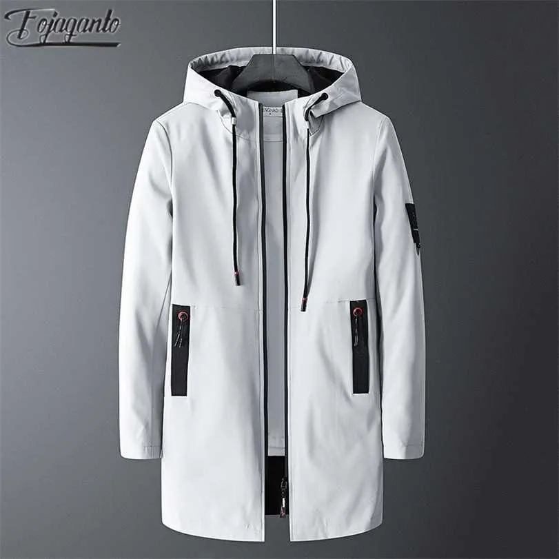 FOJAGANTO Men's Mid-Length Jacket Youth Korean Style Slim Stand-Up Collar Windbreaker Casual Hooded Windproof Men 211214