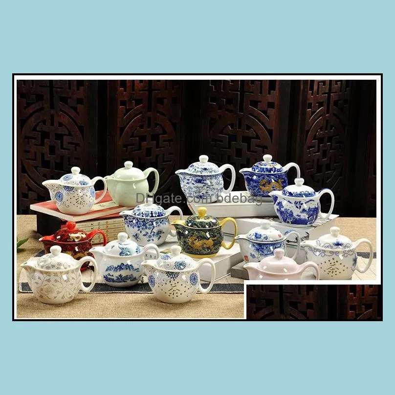 Teapots Teaware Kitchen Dining & Bar Home Garden Chinese Kung Fu Porcelain Teapot With Infuser Handmade Dragon Flower Puer Tea Pot 350Ml Ce