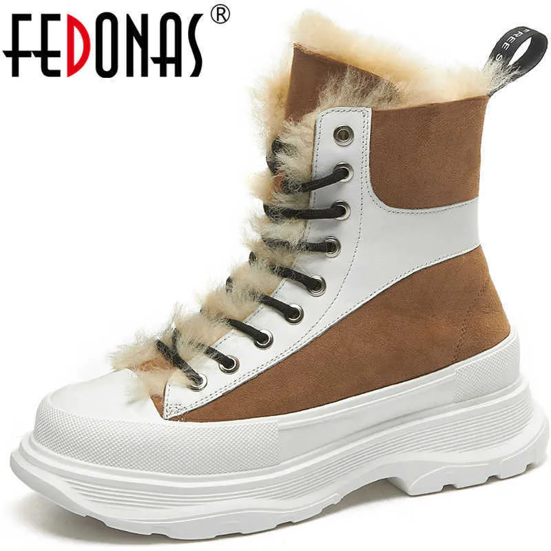 Woman Snow Boots Women Winter Shoes Fashion Platform Genuine Leather Chunky Heels Ankle Party 210528