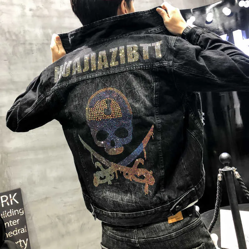 Brand Men Jacket and Coat Denim Jacket Skull Spring Autumn Fashion Streetwear Mens Jean Jacket Punk Outwear Clothing 210527