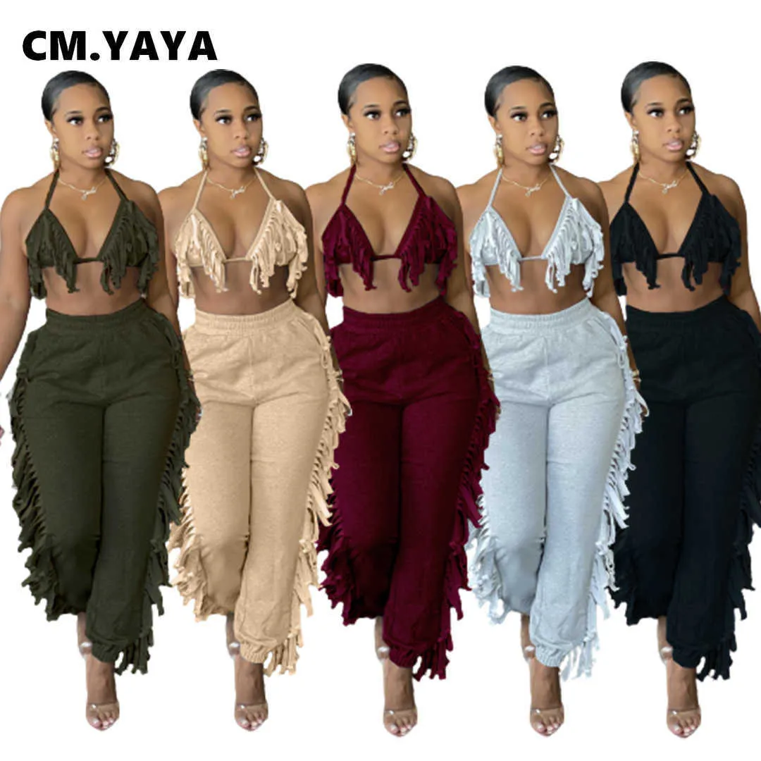 CM.YAYA Women's Active Tracksuit Tassel Splicing Bra Tops and Jogger Pants Matching Two 2 Piece Set Beach Sweatsuit Outfits Y0625