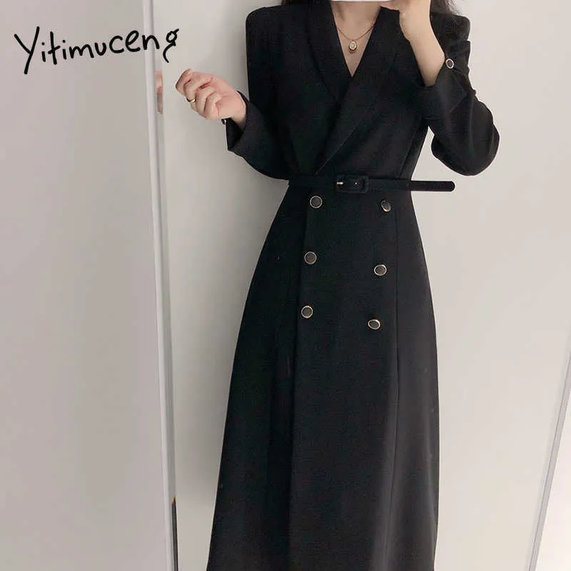 Yitimuceng bureau dame costume robes pour femmes ceintures taille haute noir vêtements printemps mode coréenne élégante robe mi-longue 210601