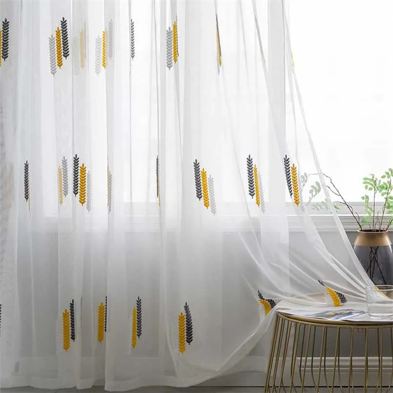 Rideau transparent brodé Rideau de gaze moderne Salon jaune Chambre bleue Chambre à coucher Fil blanc Rideau de tulle 211203