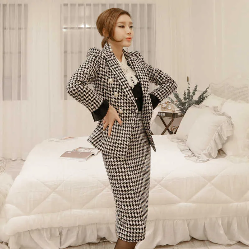 Hoge Kwaliteit Stijlvolle Herfst Winter Designer Suit Set Dames Plaid Woolend Tweed Blazer Jas + Midi Rok 210529