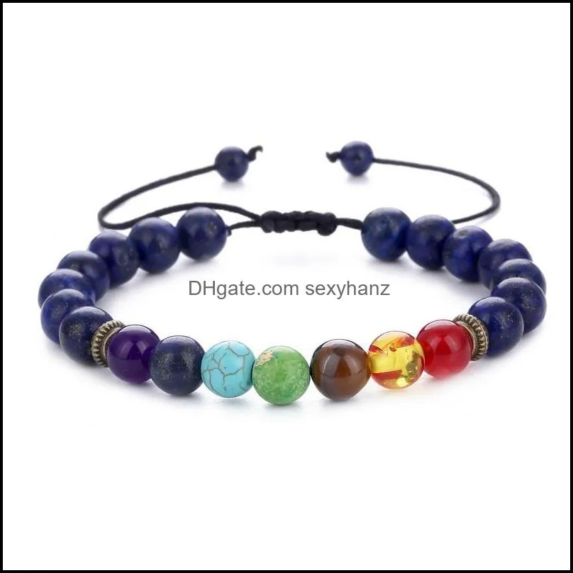 Beaded, Strands Seven Chakra Stone Bracelet Lapis Lazuli Tiger Eye Adjustable Braided Yoga Wheel Beaded Men Jewelry Pulseras