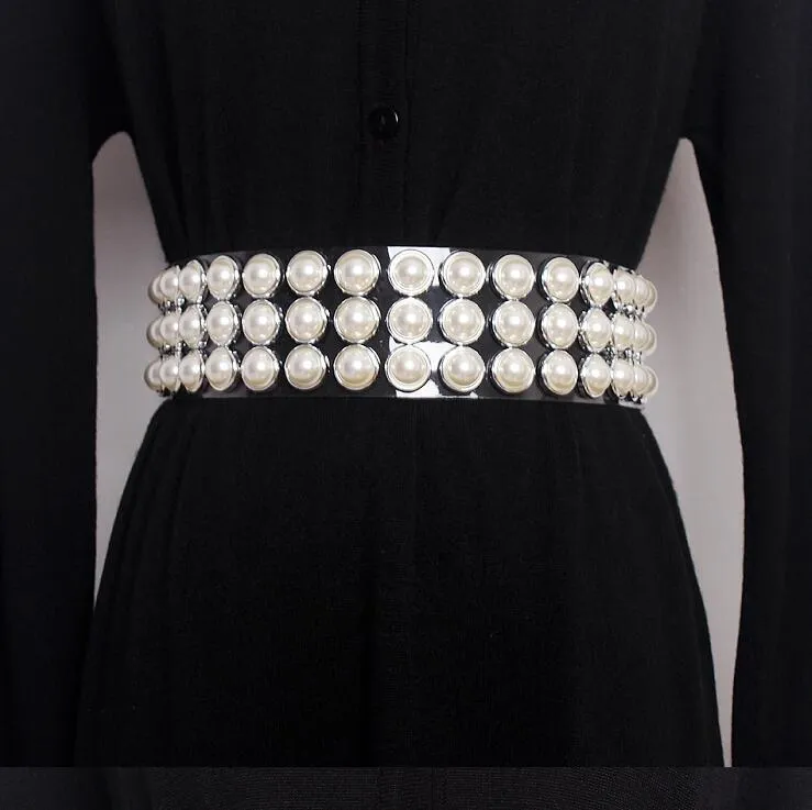 Ceintures femmes piste mode diamants perle perlée Pvc Cummerbunds femme robe Corsets ceinture décoration large ceinture R1636