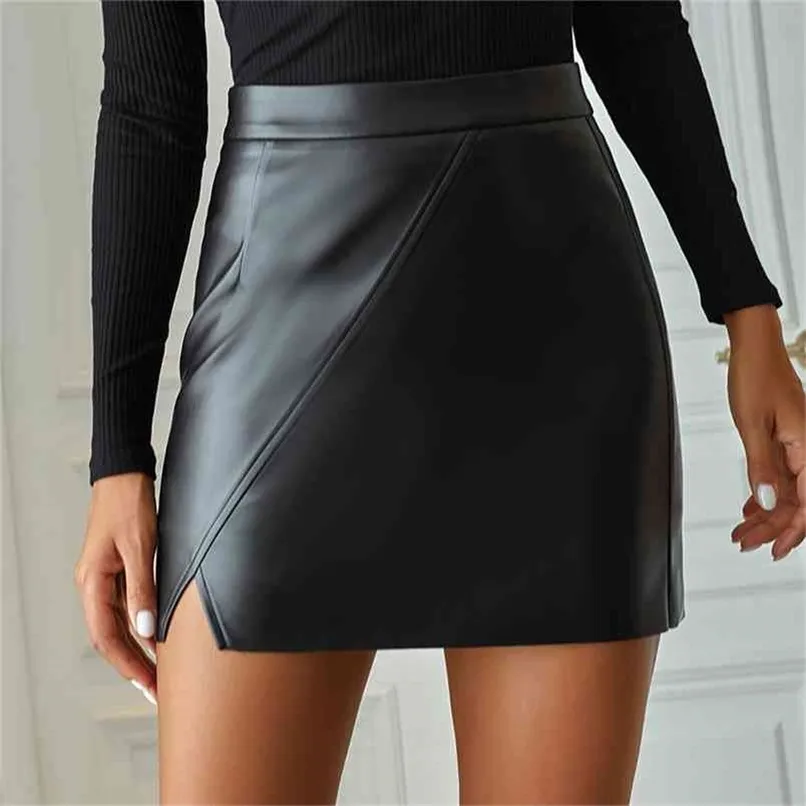 High Waist Split PU Leather Women's Mini Skirt Bodycon A-Line Black Sexy Female Short Spring Autumn Ladies Bottom 210619