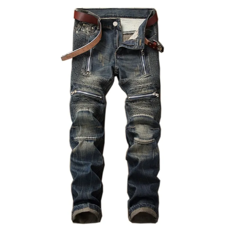 Trendy Düz Bacak Erkek Yığılmış Kot Punk Vintage Biker Fermuar Cep Motosiklet Pantolon Moda Patchwork Erkek Denim Pantolon 210723