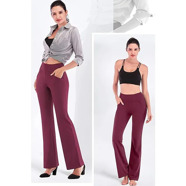 Women Summer Sports Activewear Yoga Pants Bootcut Flare Leg Tummy Control Stretch Quick Dry Dark Grey Wine Ion Grey Fitness Workout pants