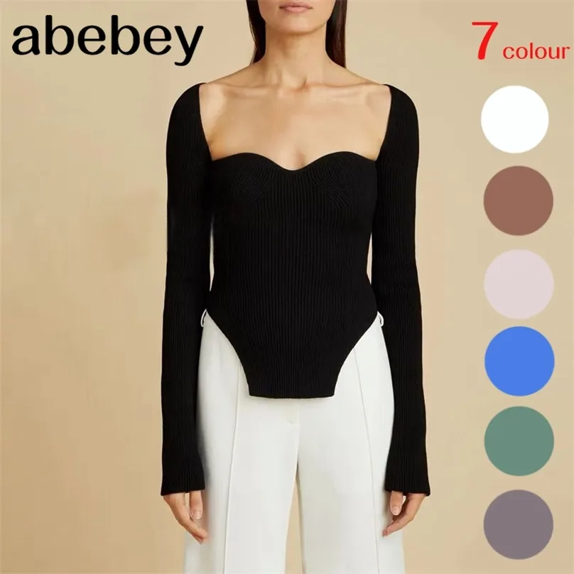 primavera sexy elegante colletto quadrato maniche lunghe maglia pullover sottile T-shirt femminile top WK08001L 210720