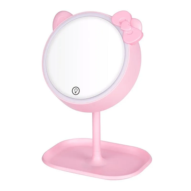 Compact Mirrors Pink Cat Makeup Mirror With Led Standing Touch Screen Vanity Adjustable Light Desk Cosmetic