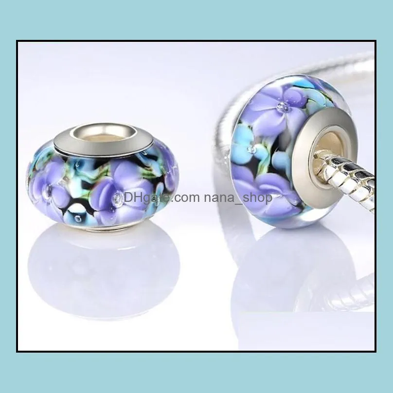 Hot Sale Silver Flower Murano Glass Beads Fit Bracelet Bangles Charms Original European DIY Jewelry Free Shipping