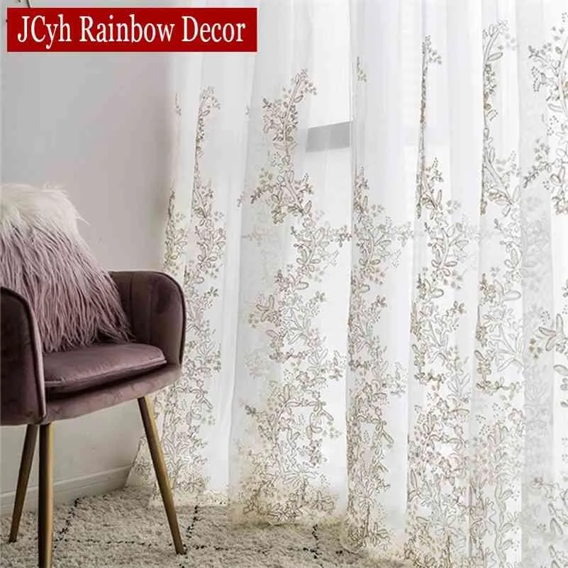 Cortinas de tul de princesa de lujo para dormitorio cortinas blancas románticas para sala de estar bordada hilo 3d chicas cortina voile 210712