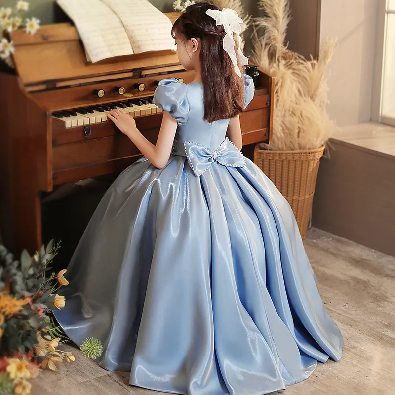 Mignon en dentelle bleue Petite enfants robes de fille de fleur princesse bijou couche en tulle applique gonflée florale formelle wuss fête Communon Pageant robe