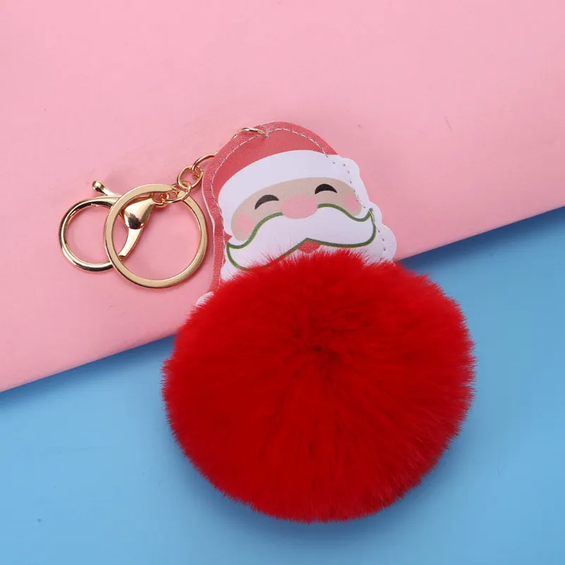 Big Red Santa Claus Fluffy Key Chain Party Gifts Faux Rabbit Fur Ball Pom Keychains Women Bag KeyRing HH21-465