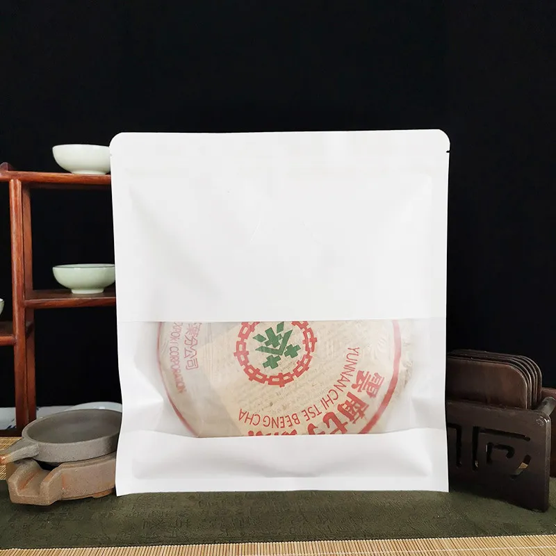 500Pcs/Lot White Kraft Paper Storage Bag With Window For Puer Tea Cake Packaging Recyclable Sealing Bags Boutique Zipper Lock