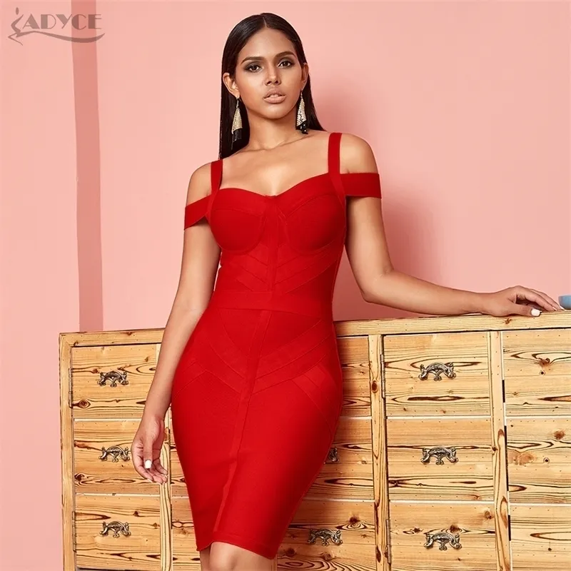 ADYCE Off Shoulder Bodycon Bandage Dress Women Sexy Red Spaghetti Strap  Knee Length Club Celebrity Evening Runway Party Dresses