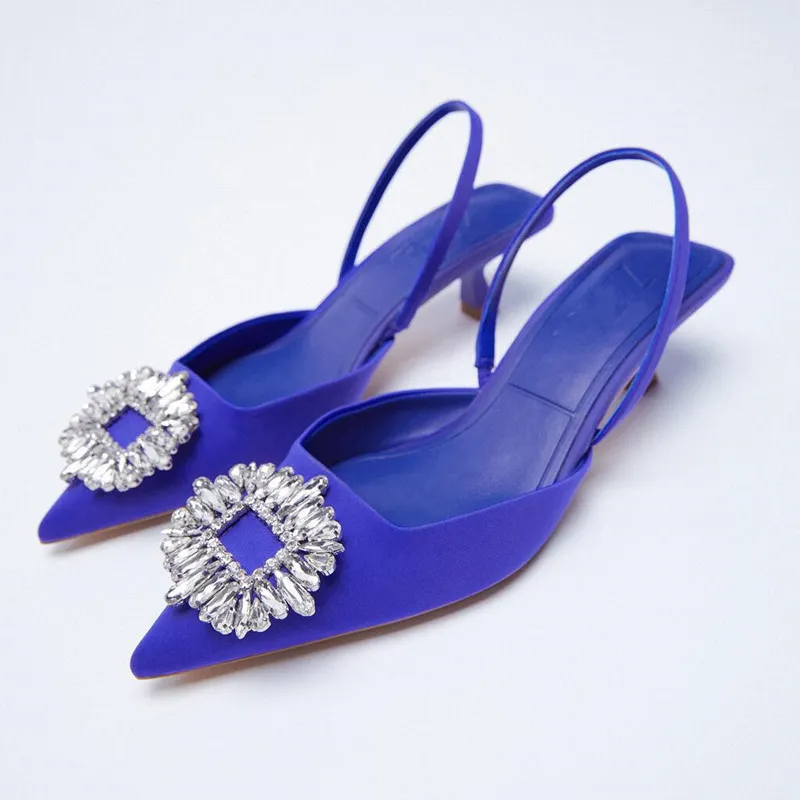 2021 New Brand Women Sandals Fashion Luxury Crystal Buckle Slingback Sandals Thin Low Heel Ladies Elegant Pumps Shoes K78