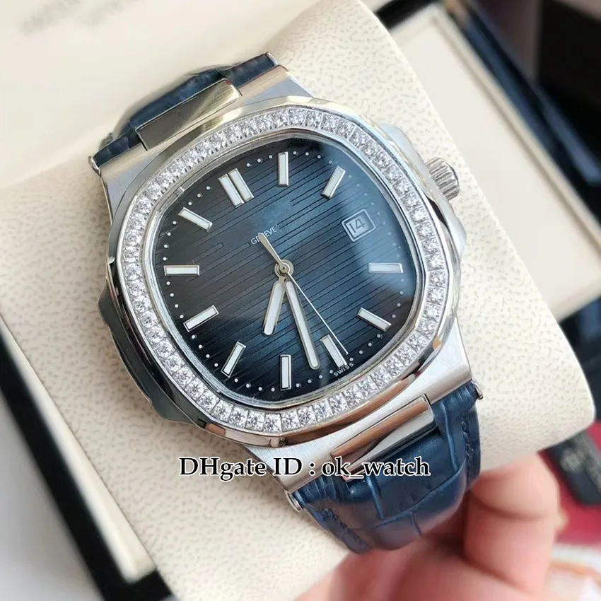 High Quality Diamond Dezel 40mm 5711/1 Miyota 8215 Automatic Mens Watch Steel Case Blue Dial New Gents Sport Watches Blue Leather Strap 5 Colors
