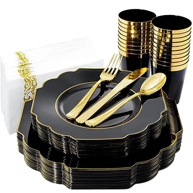 Louça descartável 60 pedaços de mesa de festa Preto vermelho com ouro borda plástico placa de talherware conjunto de deus dia