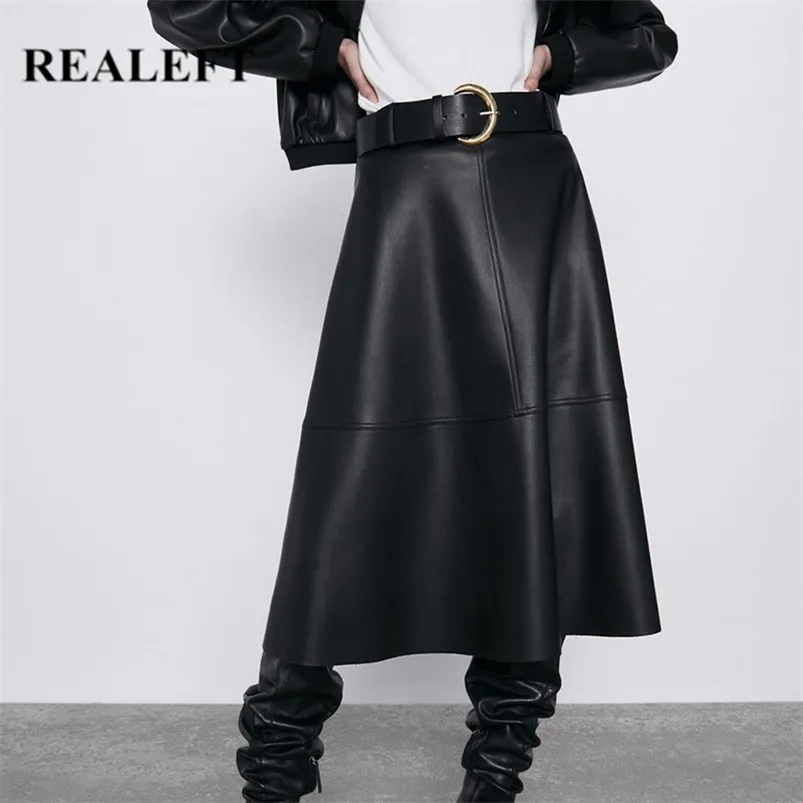 REALEFT Autumn Winter PU-leather mi-long Skirt with Belt High Waist Vintage A-line Skirt Chic Mid-calf Umbrella Skirts 210721