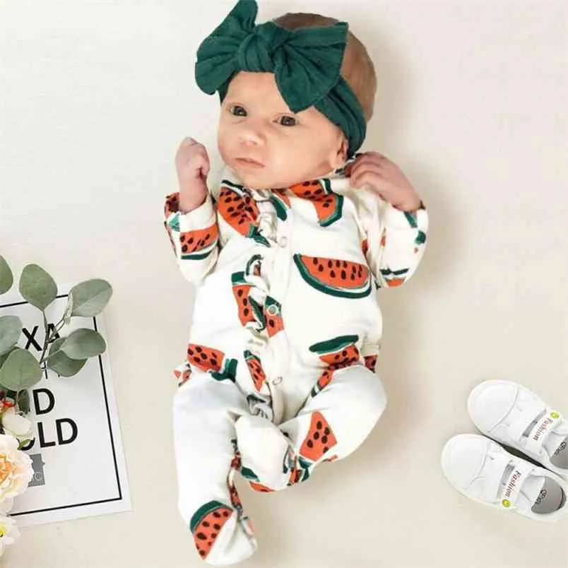 Born Toddler vestiti per bambina e ragazzo simpatico pagliaccetto con stampa di anguria a maniche lunghe tuta avvolta sui piedi nato 210816
